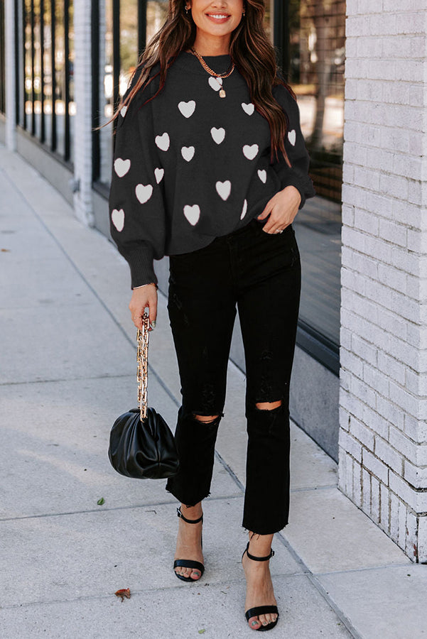 Color My Heart Pattern Lantern Sleeve Sweater