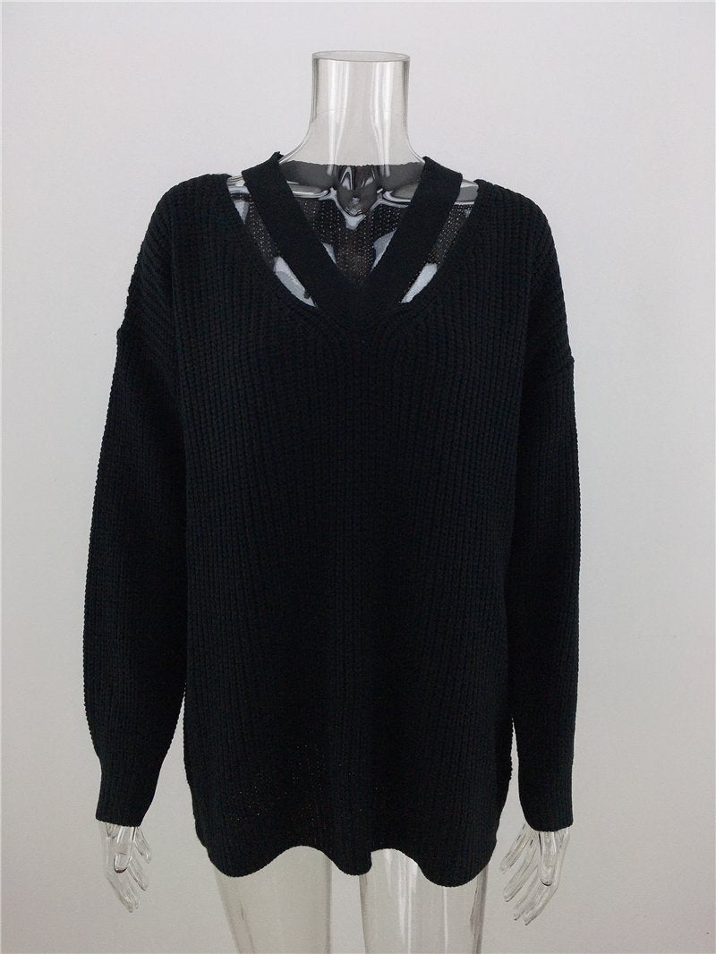 Pull en Tricot Manches Longues et Col V