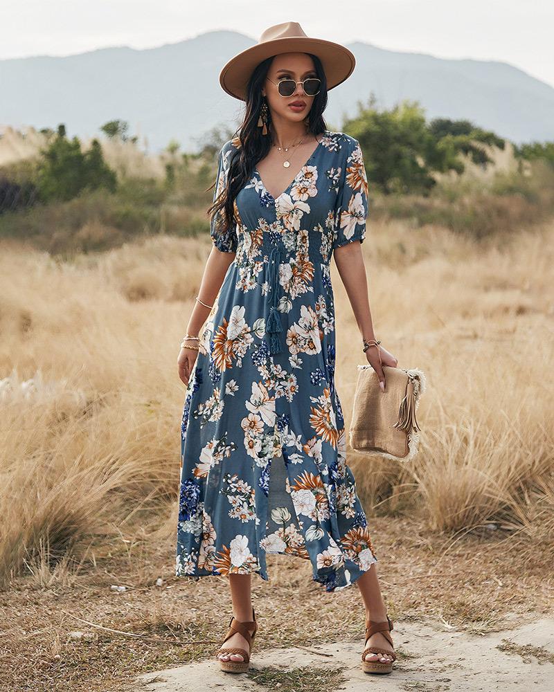 Robe Longue Floral à Manches Courtes et Col en V