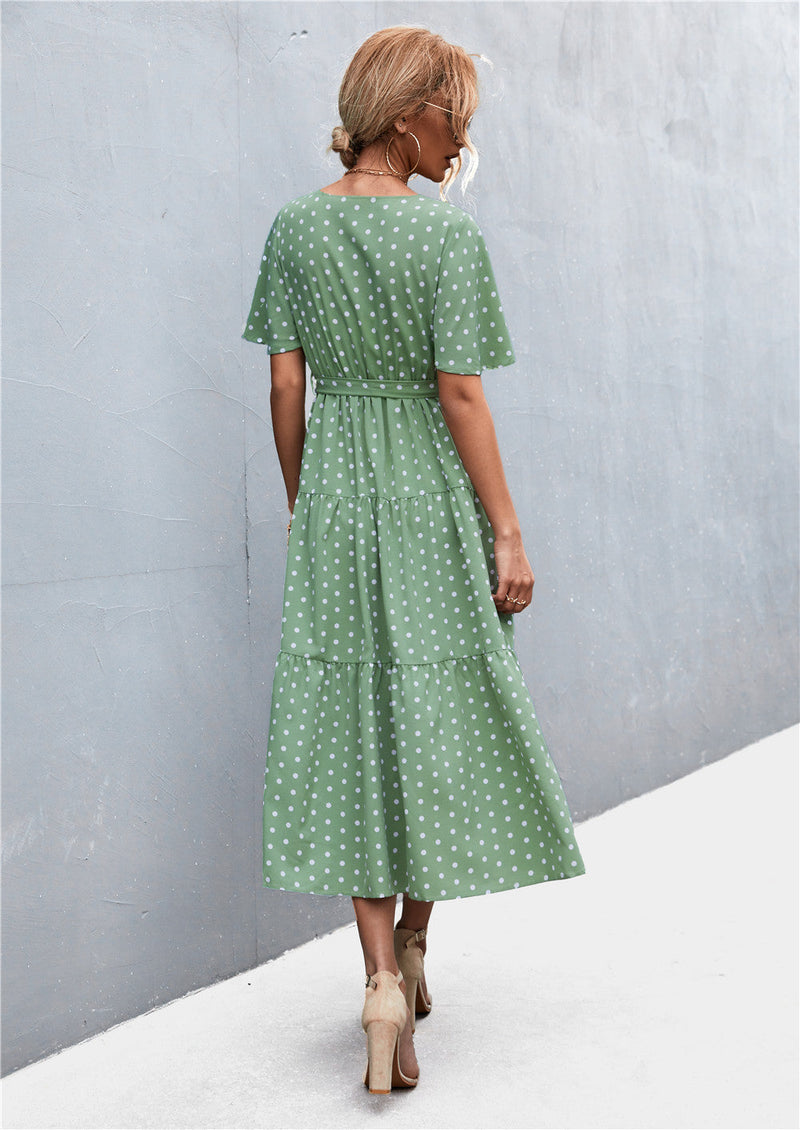 Robe Longue à Pois Col en V Manches Courtes et Taille Élastique