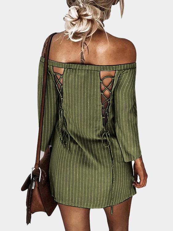 Sexy Off Shoulder Lace Up Stripe Patern Mini