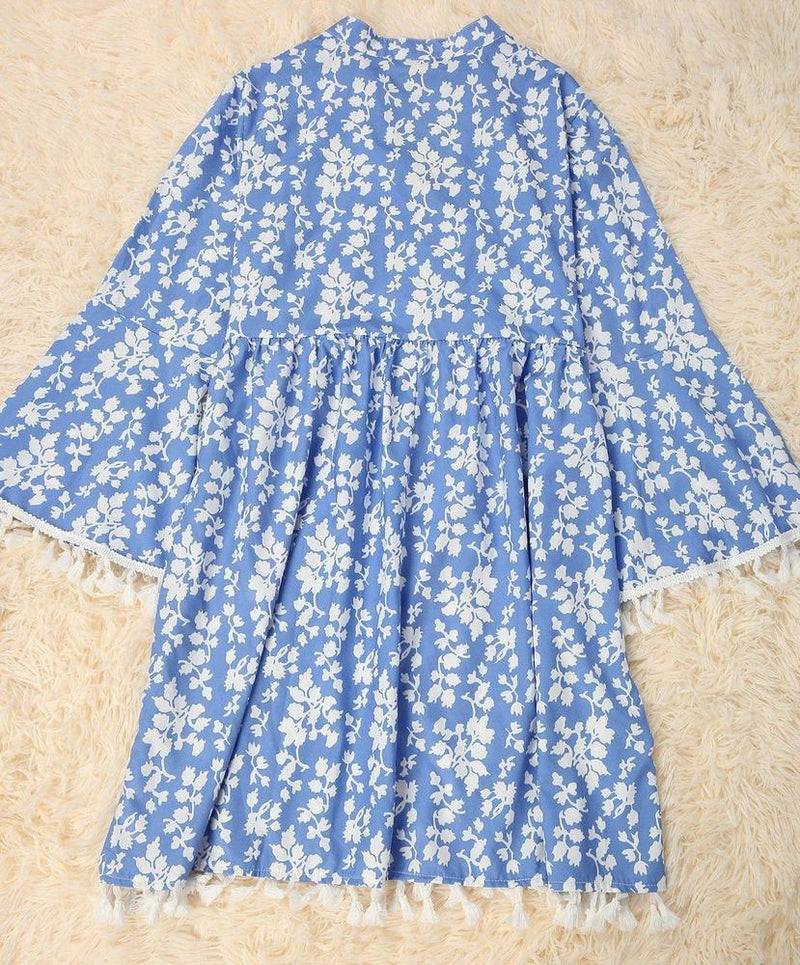 Robe Pampilles Ample Col V Imprimé Bleu Chic