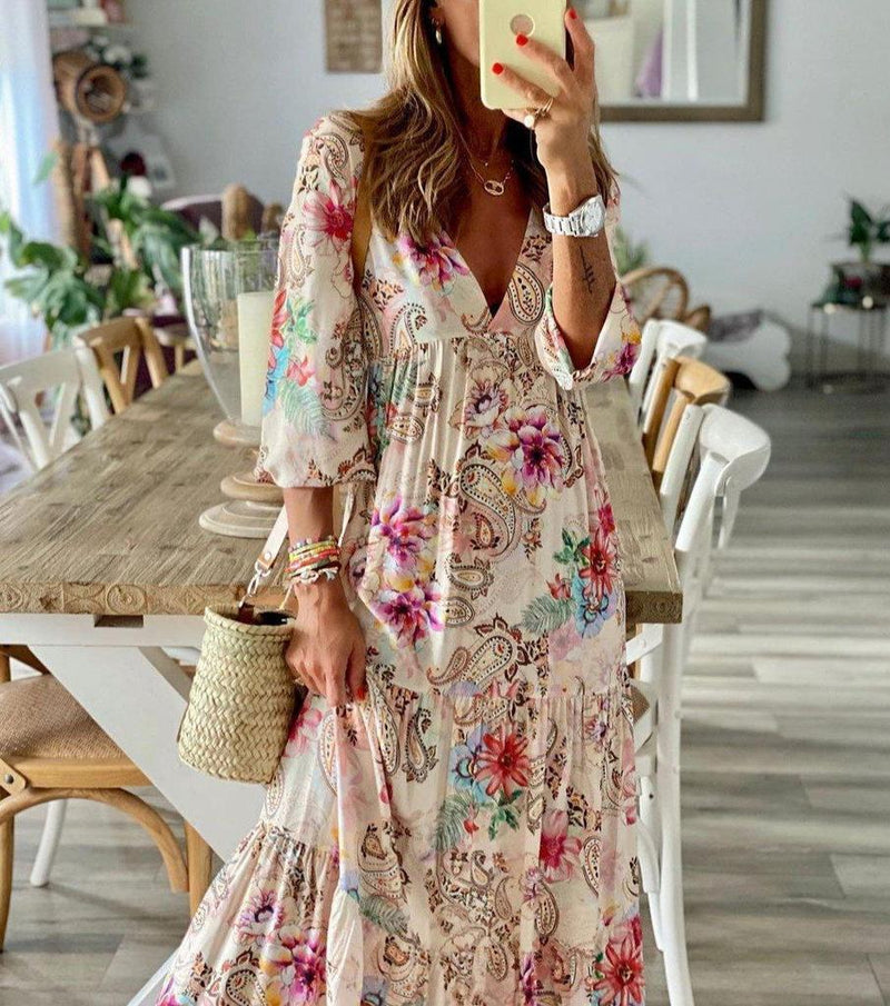 Robe Longue Col en V Imprimé Romantique