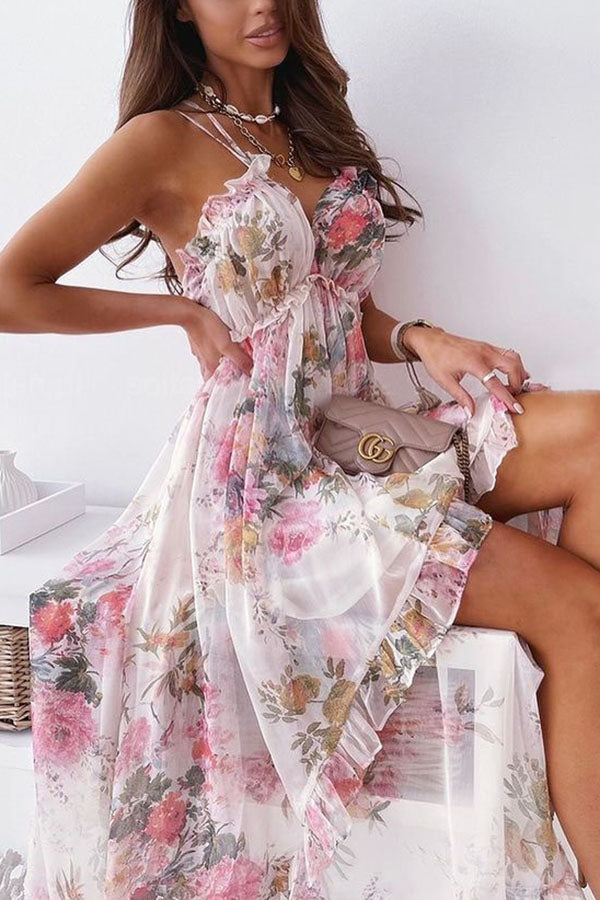 Robe Midi Haute Basse Floral à Bretelles Spaghetti Col en V