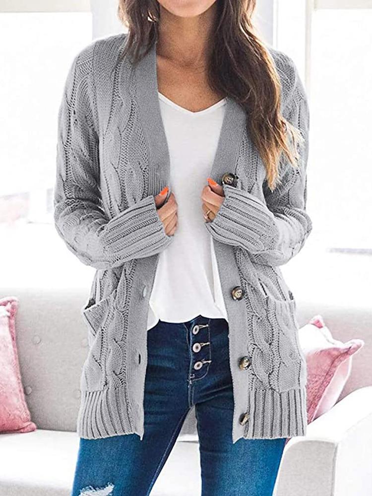 Cardigan en Tricot Unie avec Boutons Torsadés et Poches