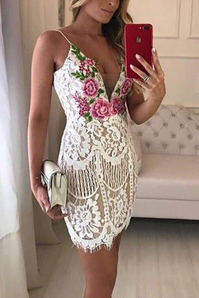 Floral Lace V Neck Slip Mini Dress