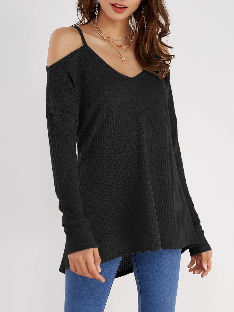 Top à Manche Longue Shirt Haut Noir Epaules Dénudées