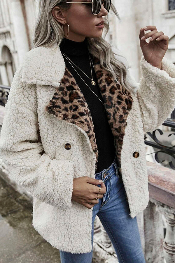 Oaklynn Leopard Print Double Button Teddy Coat