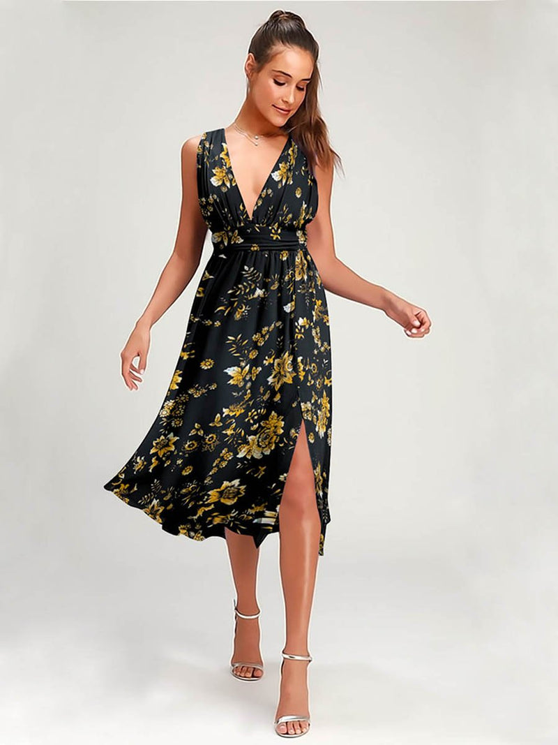 Robe Floral Col V profond Sans Manches Fendue Côté Jaune