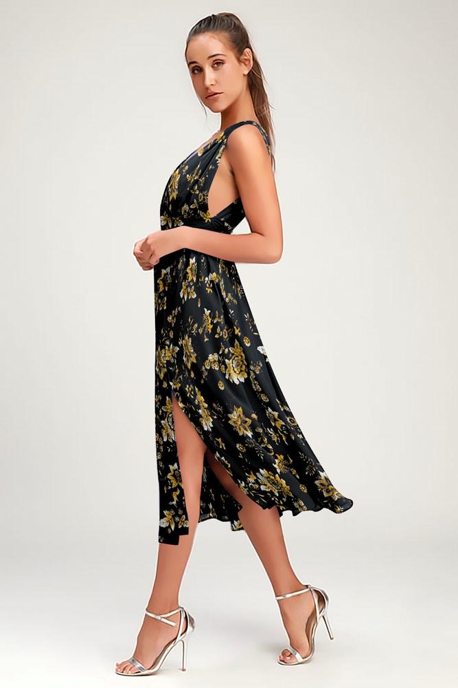 Robe Floral Col V profond Sans Manches Fendue Côté Jaune