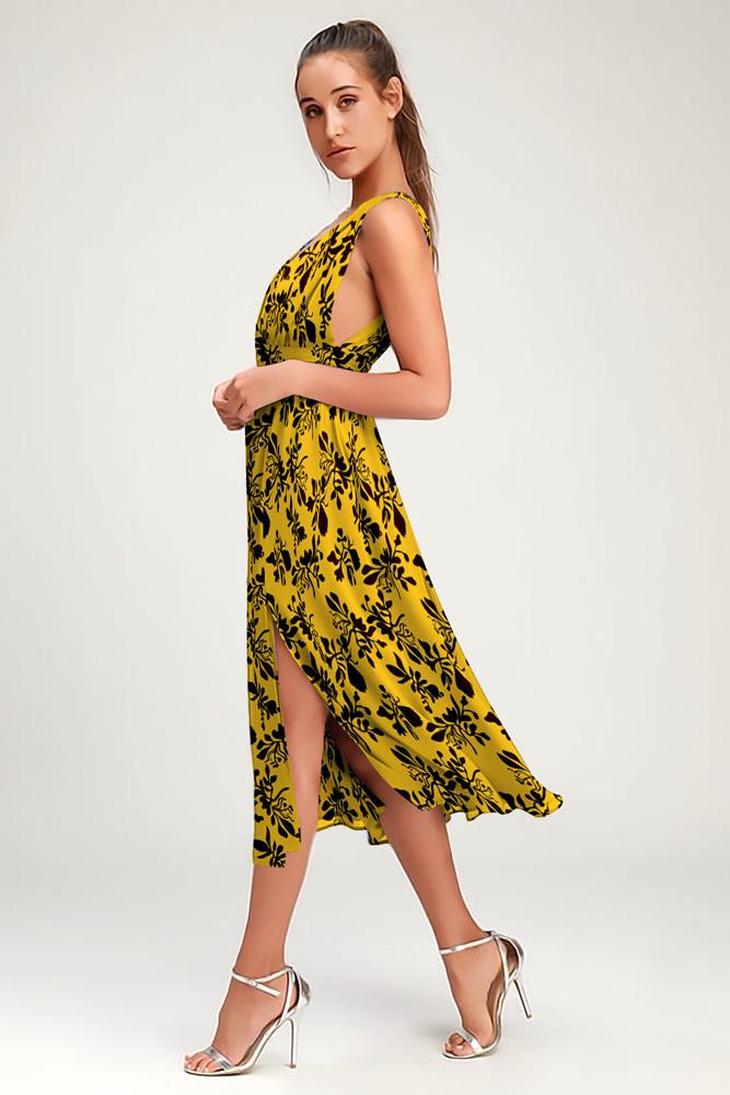 Robe Floral Col V profond Sans Manches Fendue Côté Jaune