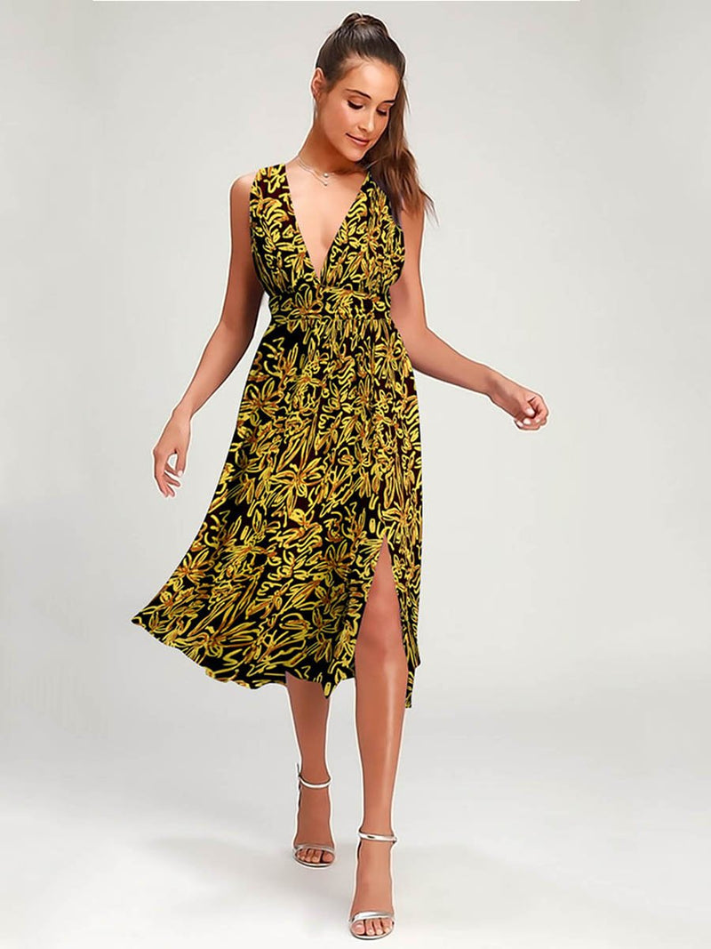 Robe Floral Côté Fendue Col V Marron