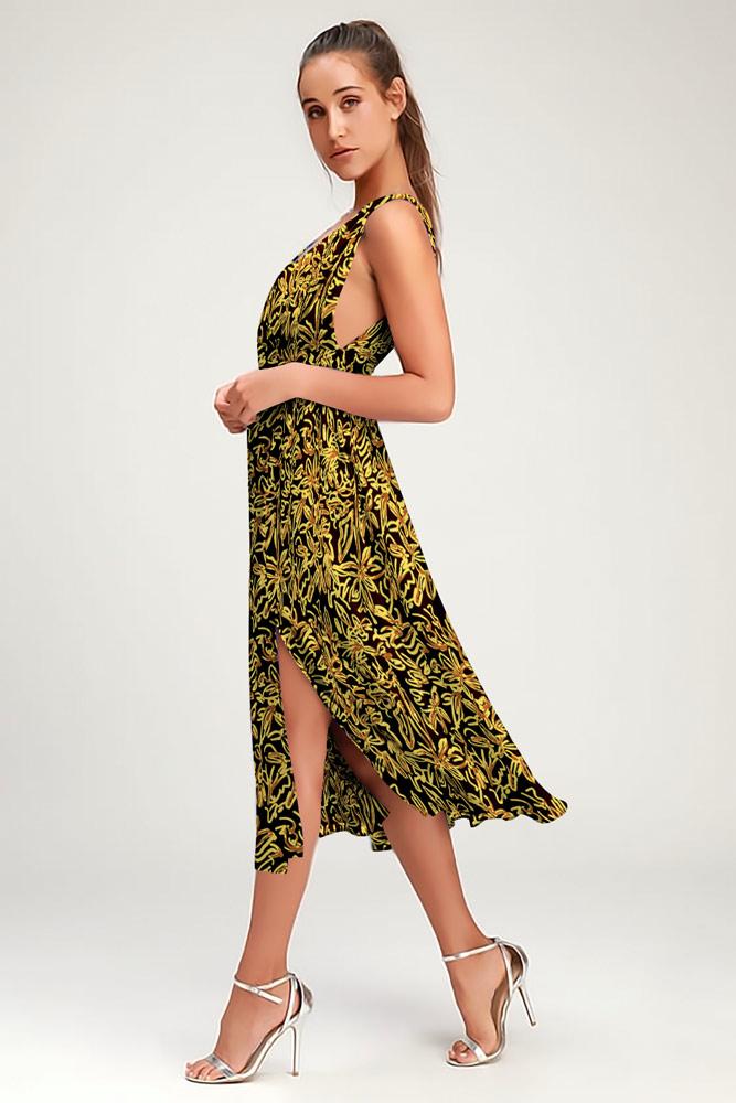 Robe Floral Côté Fendue Col V Jaune