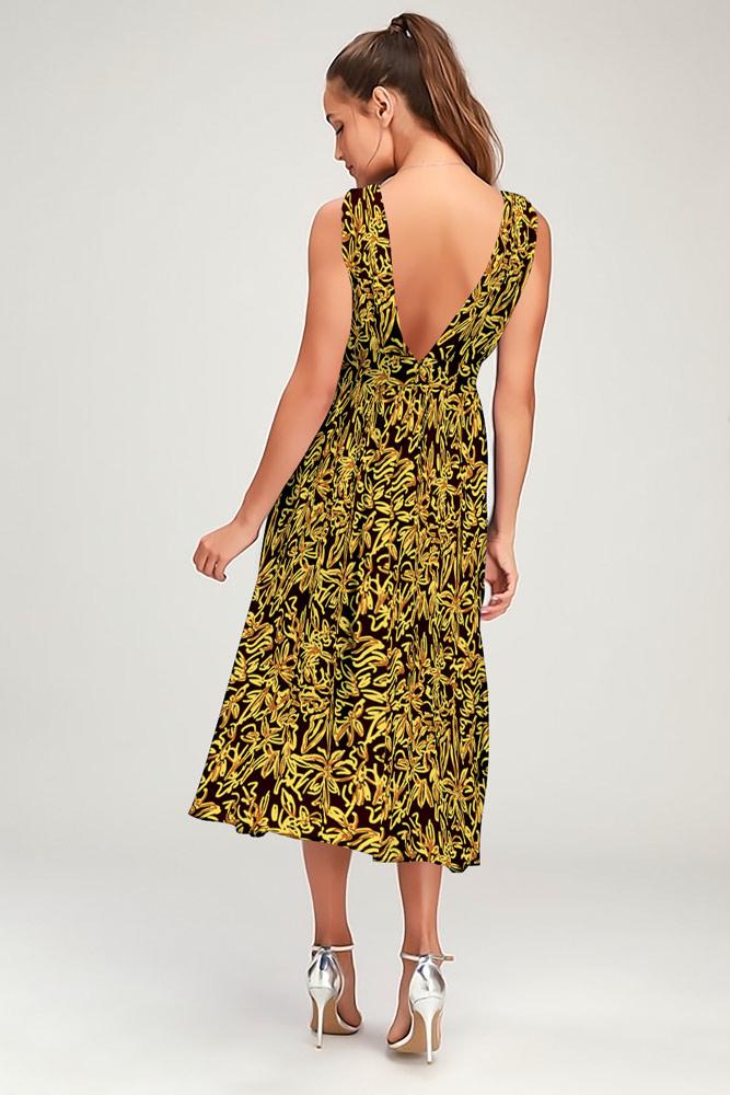 Robe Floral Côté Fendue Col V Jaune