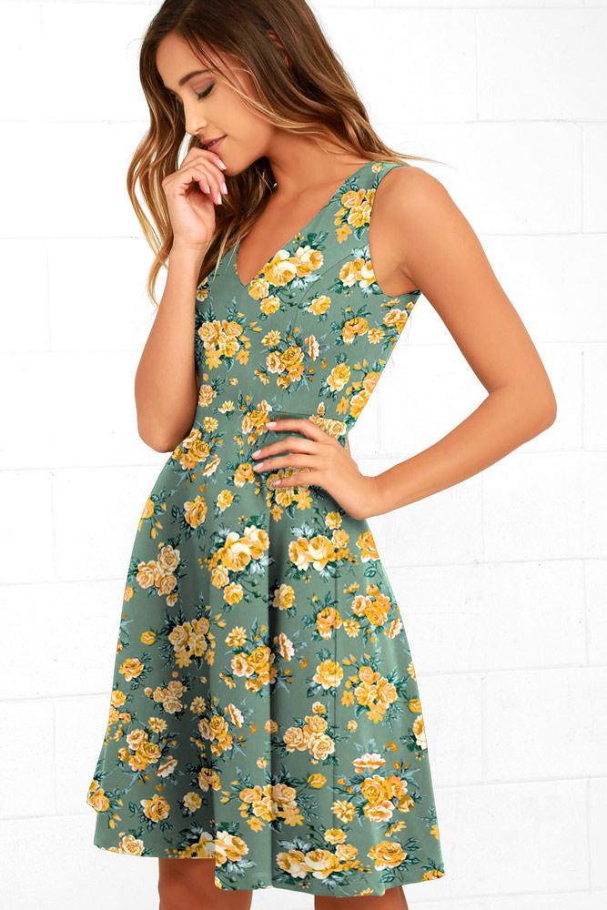 Robe Midi en Évasée Floral avec Col V Vert