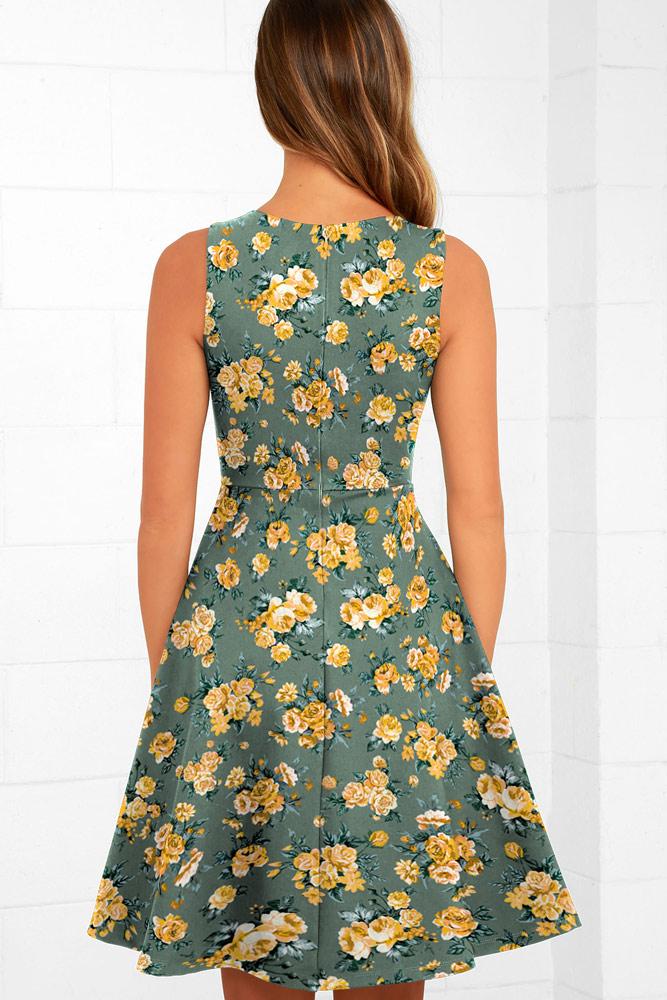 Robe Midi en Évasée Floral avec Col V Vert