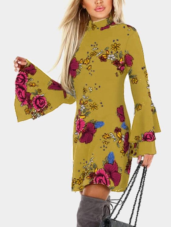 Random Floral Print Perkins Collar Flared Sleeves Mini Dress