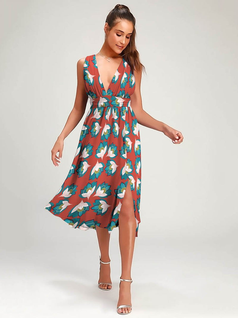 Robe Midi Floral Col V Côté Fendue Marron