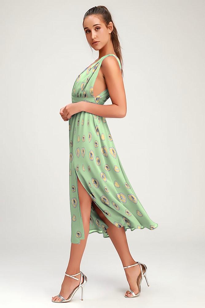 Robe Midi Ourlet Fendue Col V Sans Manches Vert Clair