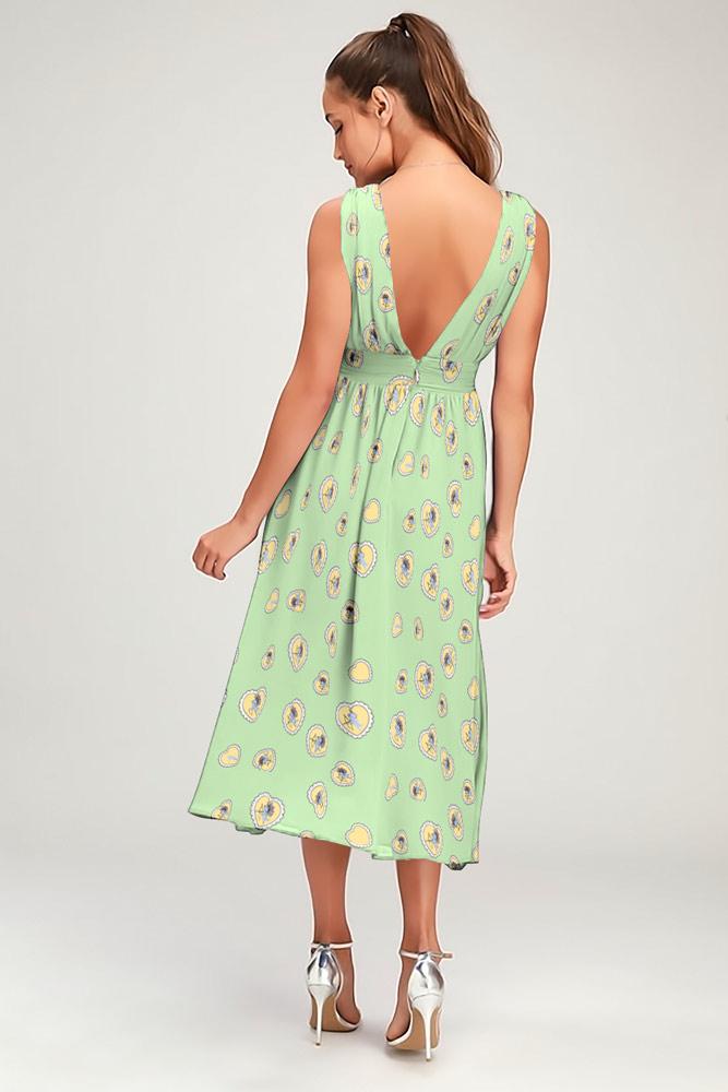 Robe Midi Ourlet Fendue Col V Sans Manches Vert Clair