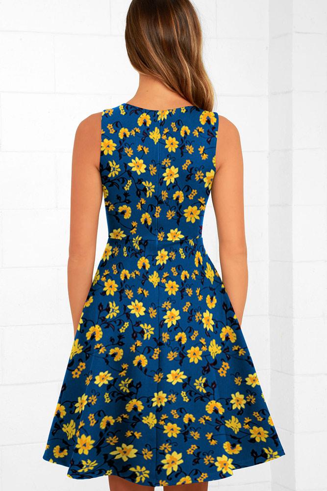 Robe Midi en Évasée Floral avec Col V Bleu