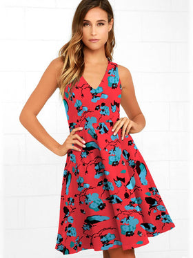 Robe Midi Évasée à Floral et Col en V Rouge