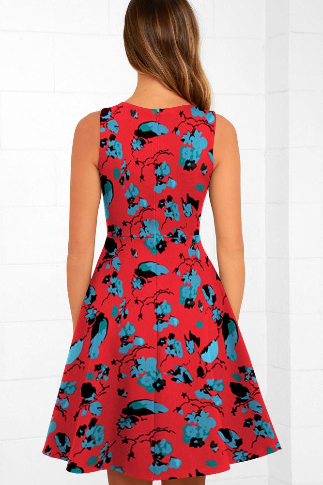 Robe Midi Évasée à Floral et Col en V Rouge