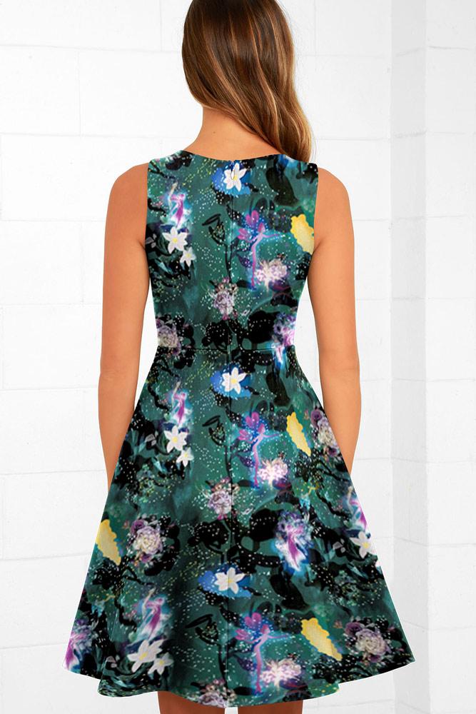 Robe Midi Évasée à Floral et Col en V Bleu Foncé