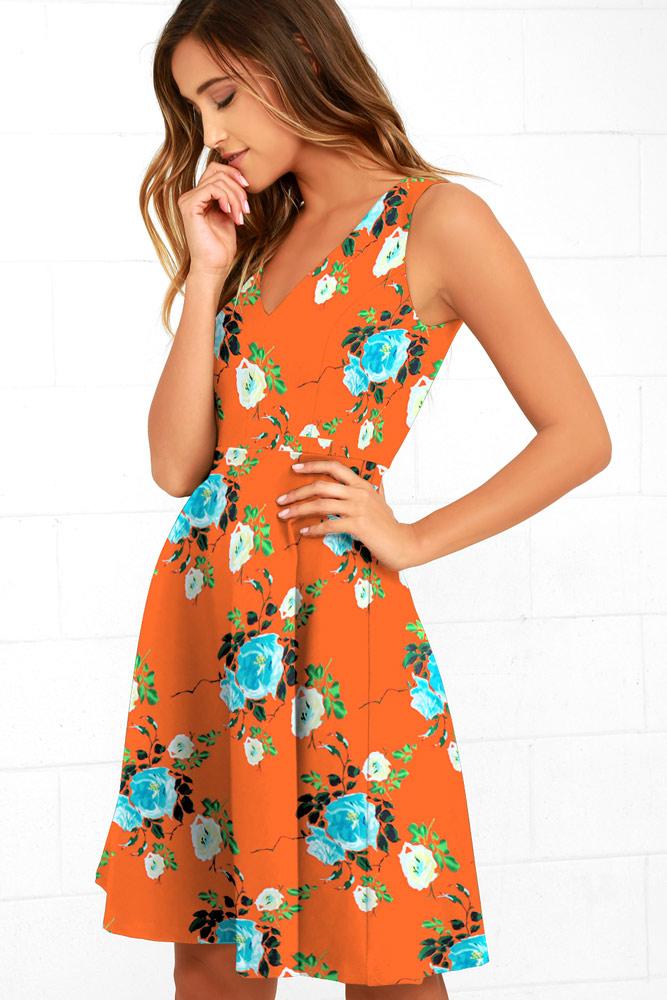 Robe Midi Évasée à Floral et Col en V Orange Foncé