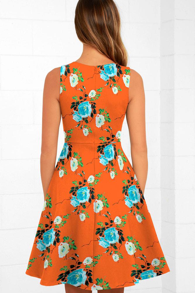 Robe Midi Évasée à Floral et Col en V Orange Foncé