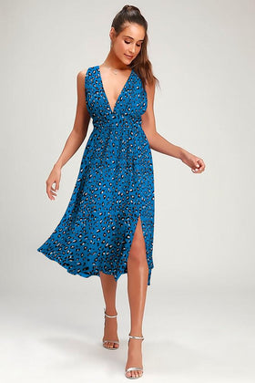 Robe Midi Floral Col V Côté Fendue Bleu