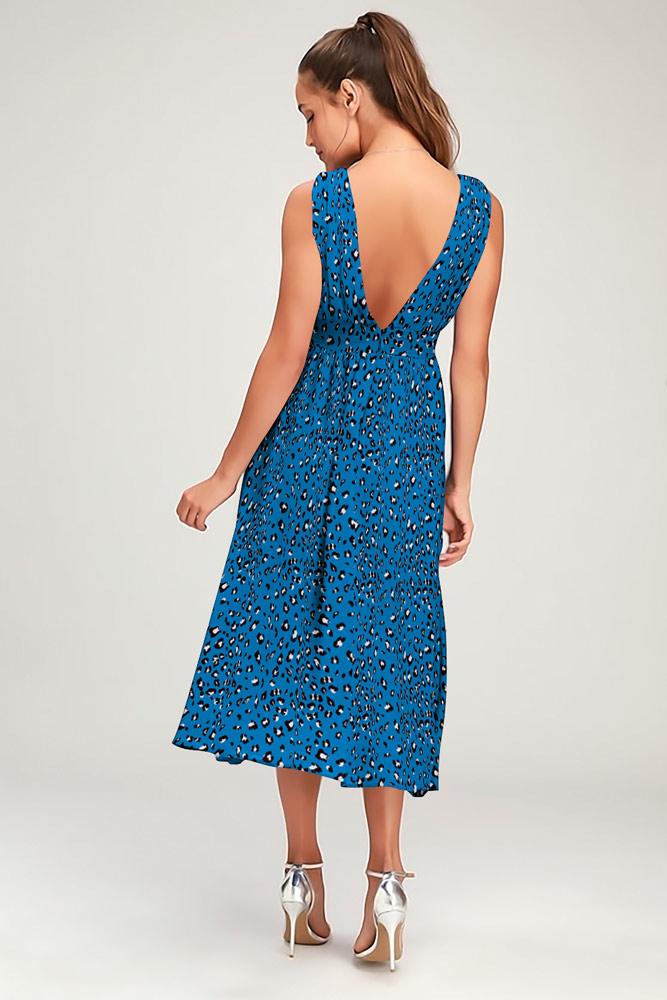 Robe Midi Floral Col V Côté Fendue Bleu