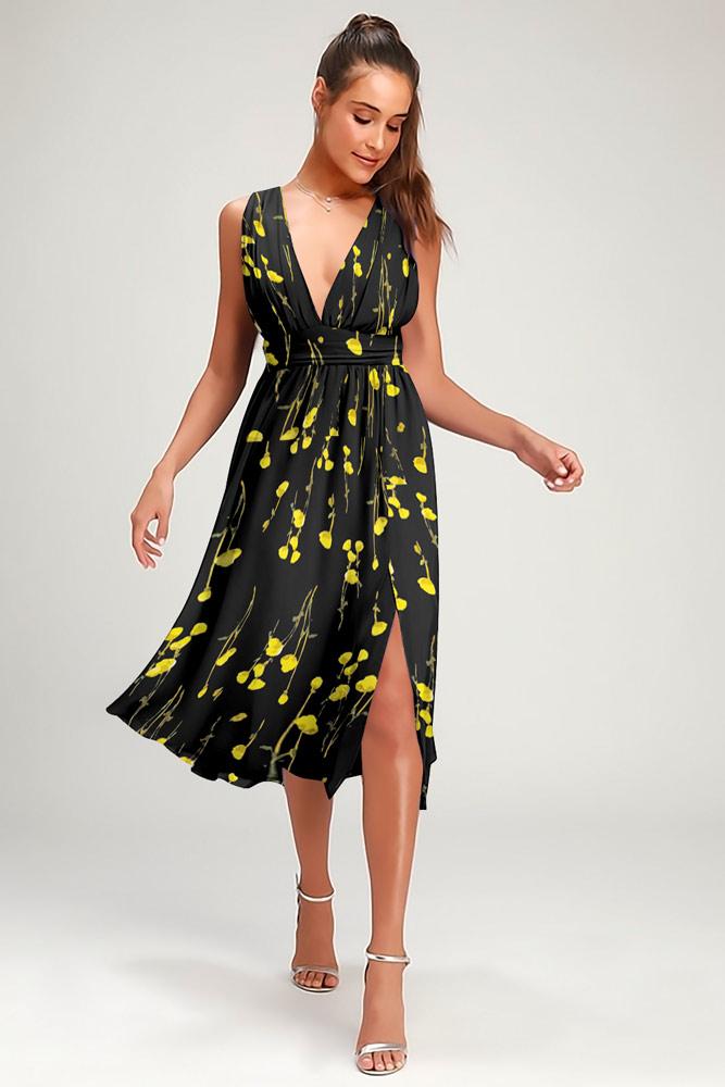 Robe Midi Floral Col V Côté Fendue Noir