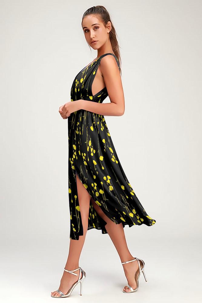 Robe Midi Floral Col V Côté Fendue Noir