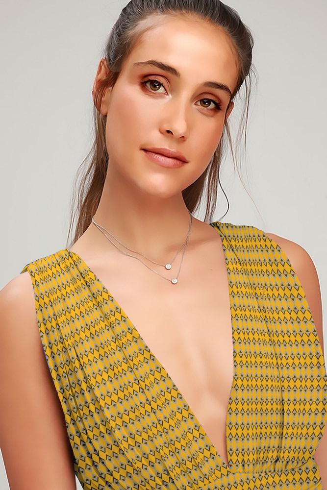 Robe Midi Côté Fendue Fleurie Col en V Jaune