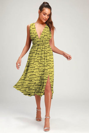 Robe Midi Côté Fendue Fleurie Col en V Jaune