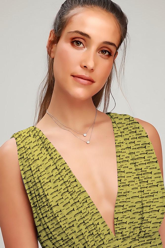 Robe Midi Côté Fendue Fleurie Col en V Vert