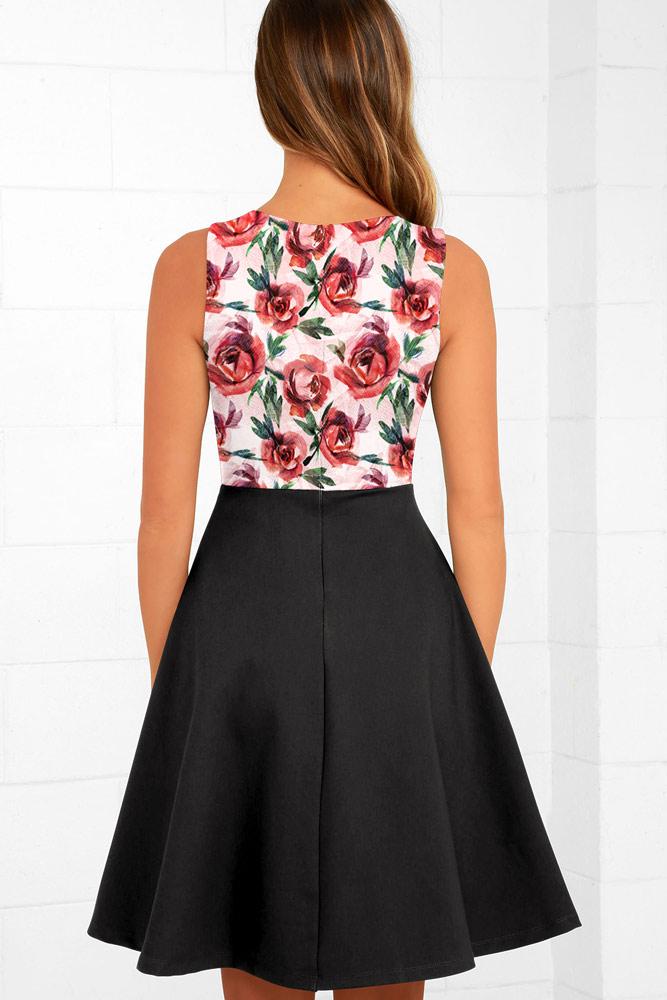 Robe Mi-Longue à Fleurs et Débardeur Évasée Rose Foncé