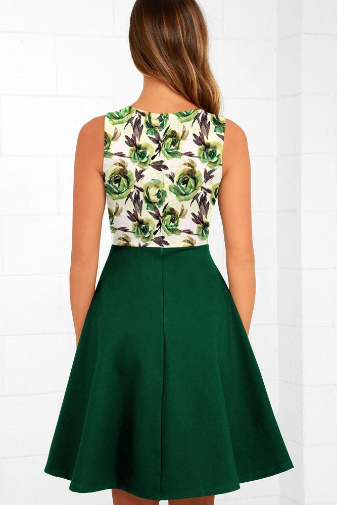 Robe Mi-Longue à Fleurs et Débardeur Évasée Vert Olive Foncé