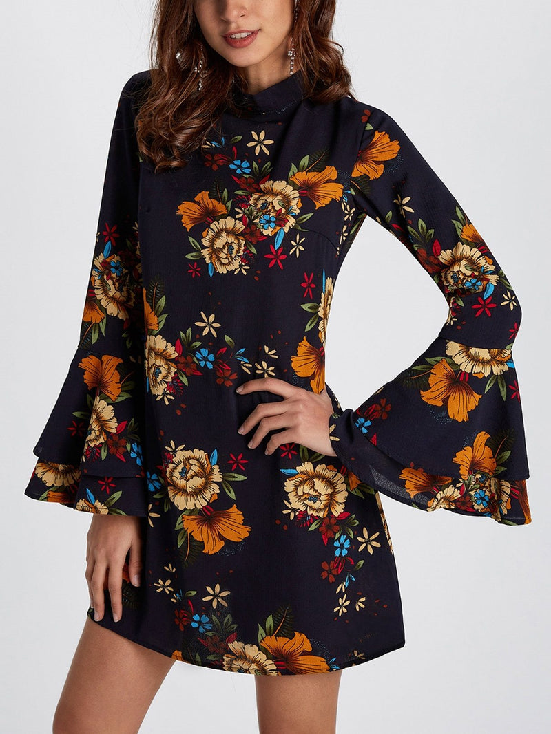 Random Floral Print Perkins Collar Flared Sleeves Mini Dress