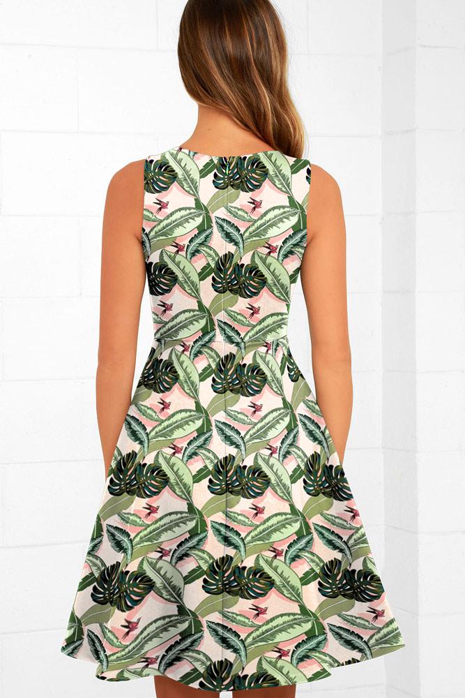 Robe Mi-Longue à Fleurs et Débardeur Évasée Vert