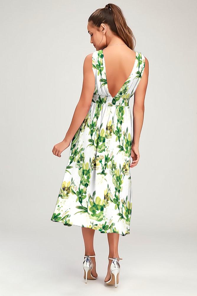 Robe mi-longue à fleurs et à encolure en V vert