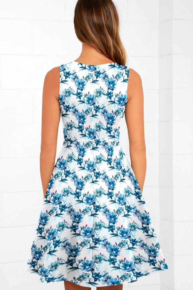 Robe Mi-Longue Évasée Fleurie Col en V Bleu Marine