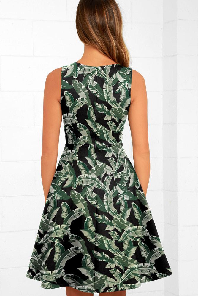 Robe Mi-Longue Évasée à Fleurs et Col en V Brun Olive