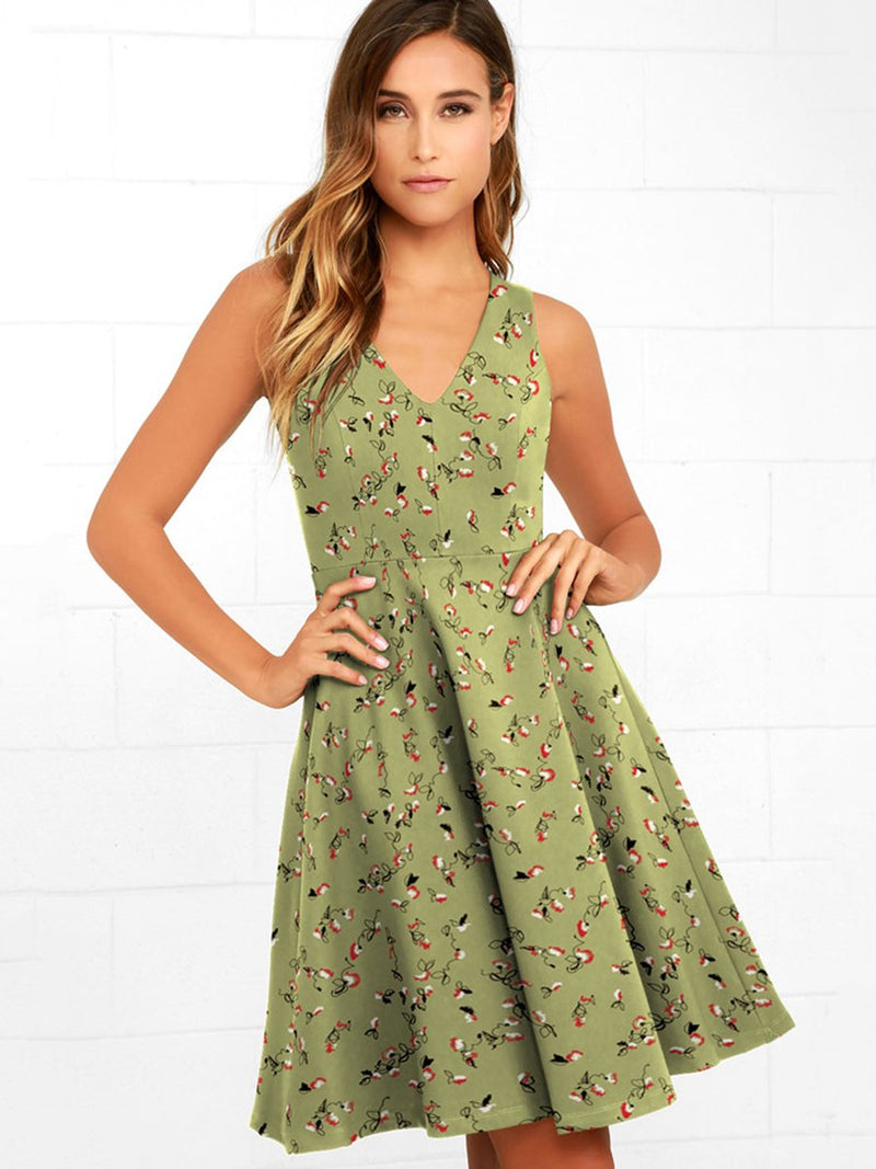 Robe Mi-Longue Évasée à Fleurs et Col en V Brun Olive