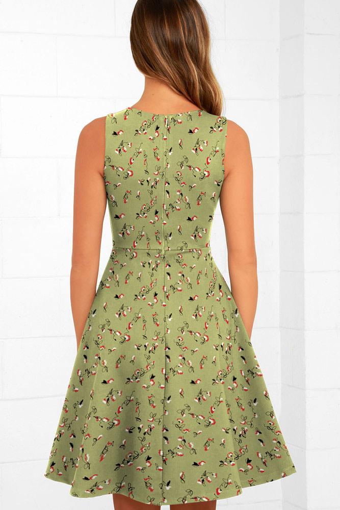 Robe Mi-Longue Évasée à Fleurs et Col en V Vert Olive Foncé