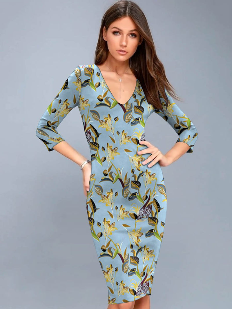 Robe Mi-Longue Moulante à Col en V Imprimé Floral Vert