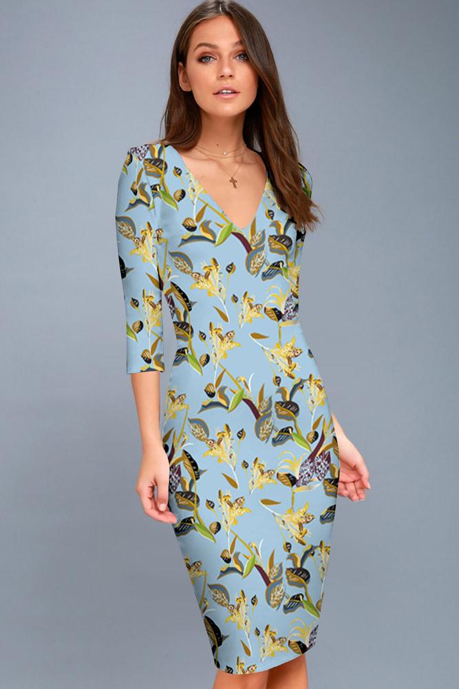 Robe Mi-Longue Moulante à Col en V Imprimé Floral Vert Olive Foncé