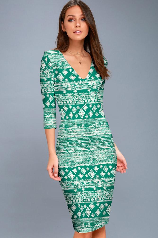 Robe Mi-Longue Moulante à Col en V Imprimé Floral Vert