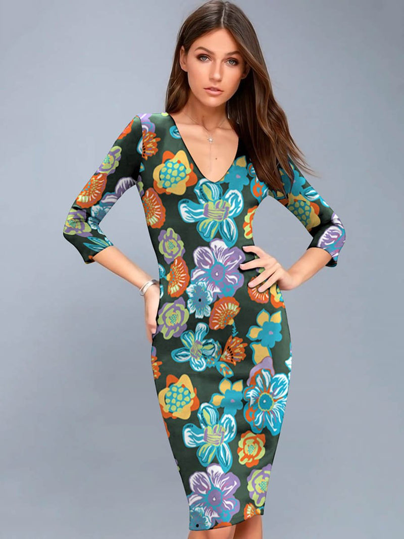 Robe Mi-Longue Moulante à Col en V Imprimé Floral Bleu Clair